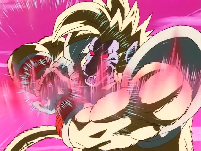 Goku Super Saiyan 4 destroza a Ohzaru Baby y le arranca la cola en Dragon Ball GT