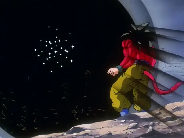 Goku Super Saiyan 4 destroza a Ohzaru Baby y le arranca la cola en Dragon Ball GT