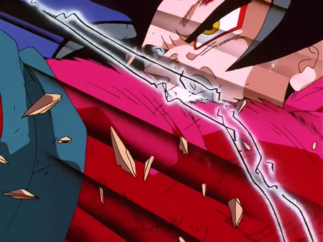 Goku Super Saiyan 4 destroza a Ohzaru Baby y le arranca la cola en Dragon Ball GT