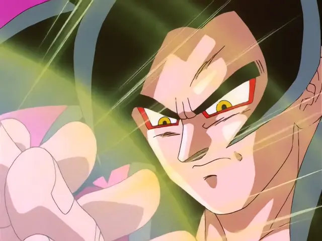Goku Super Saiyan 4 destroza a Ohzaru Baby y le arranca la cola en Dragon Ball GT