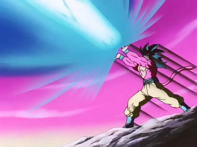 Goku Super Saiyan 4 mata a Baby con un Kame Hame Ha dirigido al sol