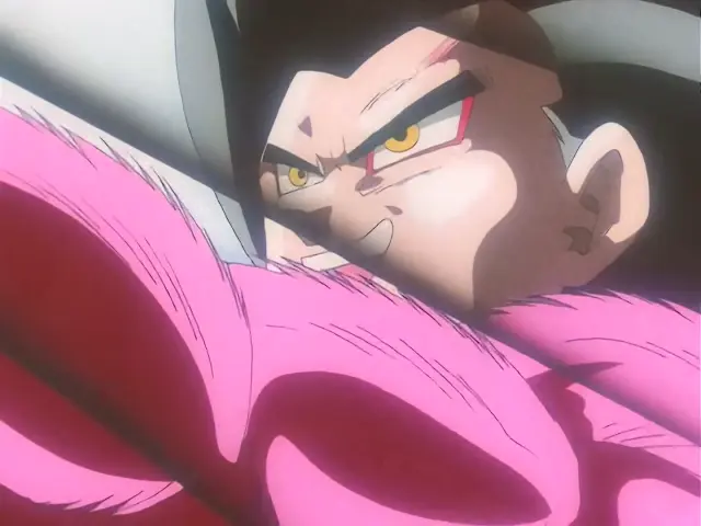 Goku Super Saiyan 4 mata a Baby con un Kame Hame Ha dirigido al sol