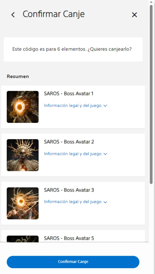 Confirmar canje avatares Saros