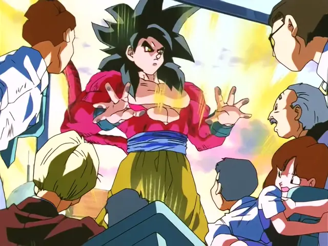 Chi Shinron intenta destrozar la ciudad, pero Goku Super Saiyan 4 lo impide