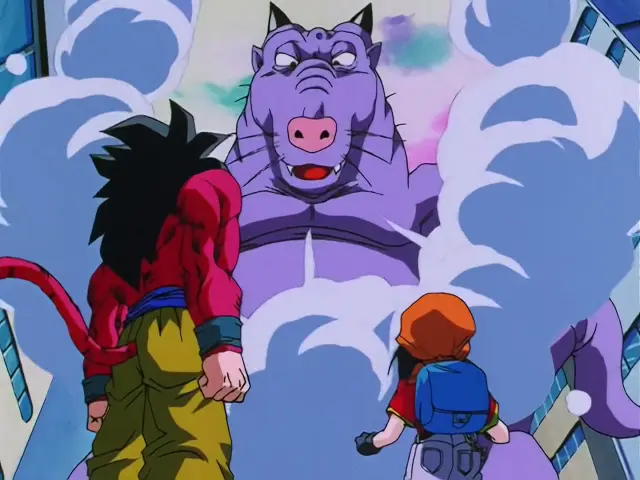 Chi Shinron intenta destrozar la ciudad, pero Goku Super Saiyan 4 lo impide