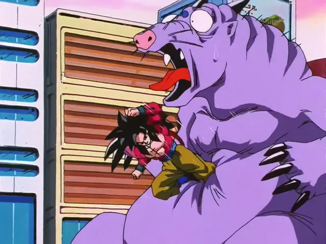 Chi Shinron intenta destrozar la ciudad, pero Goku Super Saiyan 4 lo impide