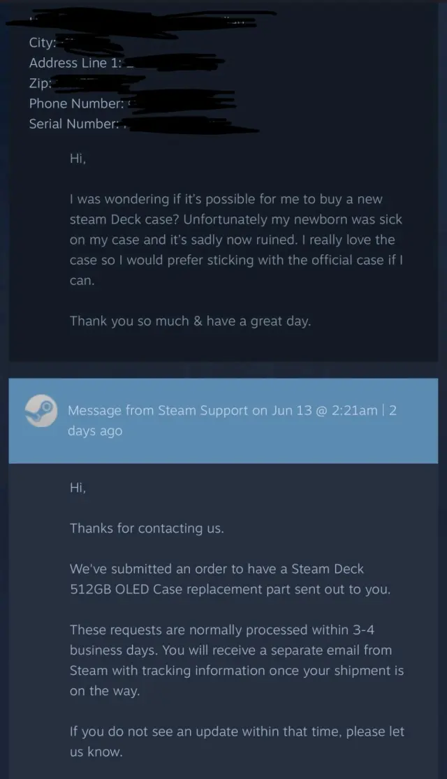 Captura de pantalla del mensaje de un jugador al servicio técnico de Valve