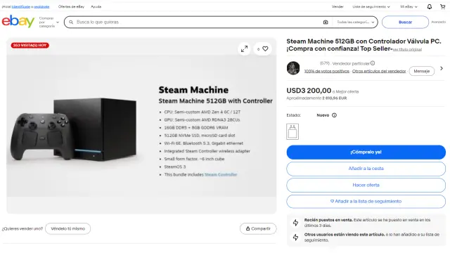 Venta de reserva Steam Machine en eBay