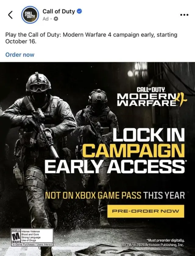 Anuncio de COD Modern Warfare 4 con el eslogan ''no en Game Pass''