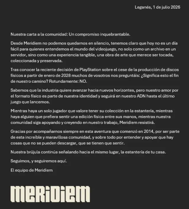 Comunicado oficial de Meridiem Games sobre el fin de los juegos físicos de PlayStation