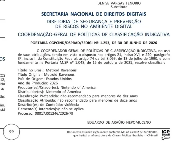 Ficha brasileña de calificación por edades de Metroid Ravenous