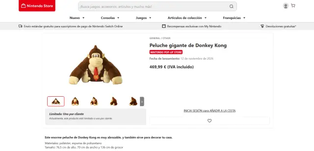 Nintendo lanzará en noviembre este peluche gigante de Donkey Kong que cuesta lo mismo que Nintendo Switch 2
