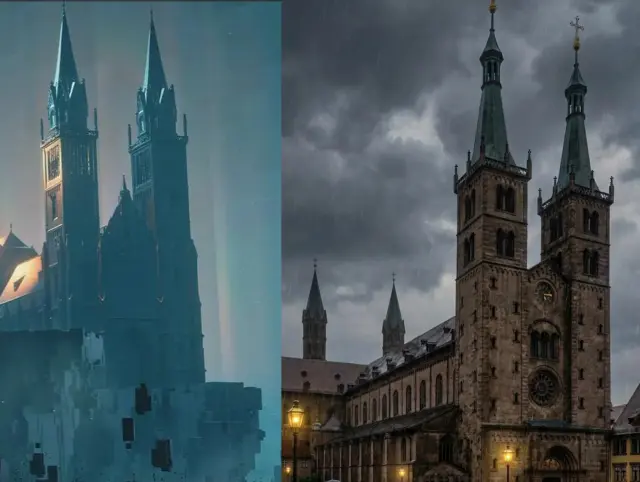 A la izquierda, la Catedral de Wuzburgo que aparece en Resynced y la versión real a la derecha