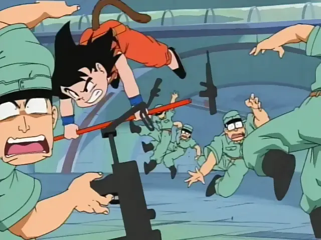 Goku y Arale irrumpen en el dirigible de la Red Ribbon